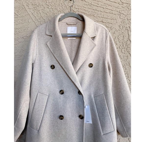 MANGO Oatmeal Neutral Cream Oversized Wool Coat Double Breasted Wool Trench Coat - Picture 7 of 17